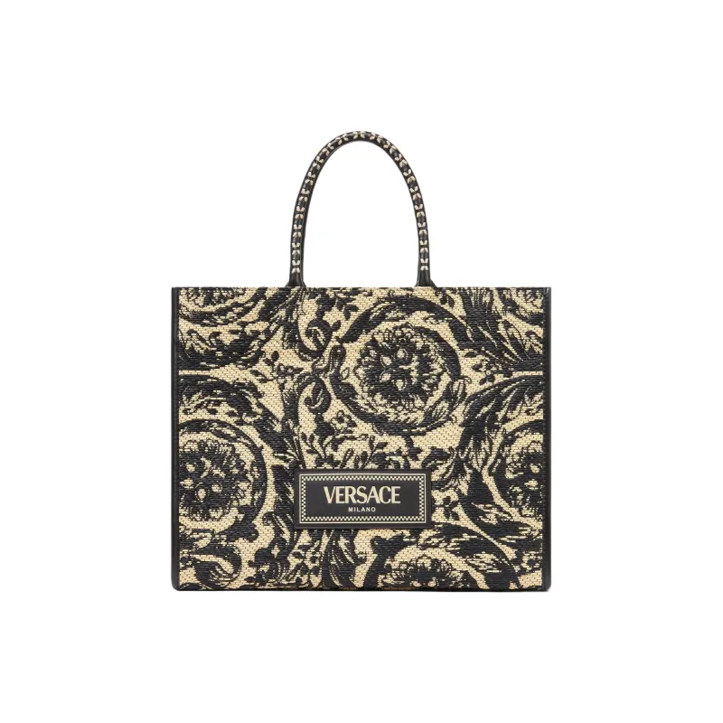 VERSACE Raffia Fiber Tote Bag Shopping Bag Handbag Large Size Women's Black-0