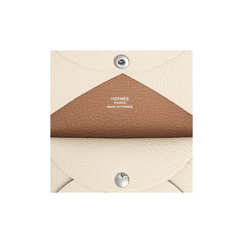 HERMES Calvi Duo Goatskin Wallet, Card Holder, Coin Purse Women's Cream White & Wood Color-8