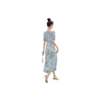 Cypress House Short Sleeved Dress Women's Blue With Purple Floral Green