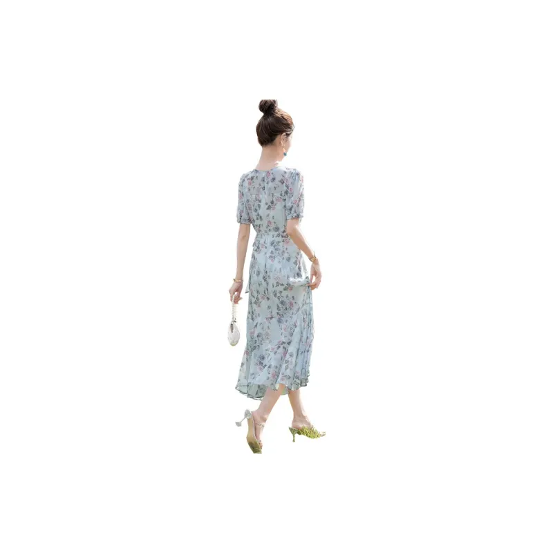 Cypress House Short Sleeved Dress Women's Blue With Purple Floral-0