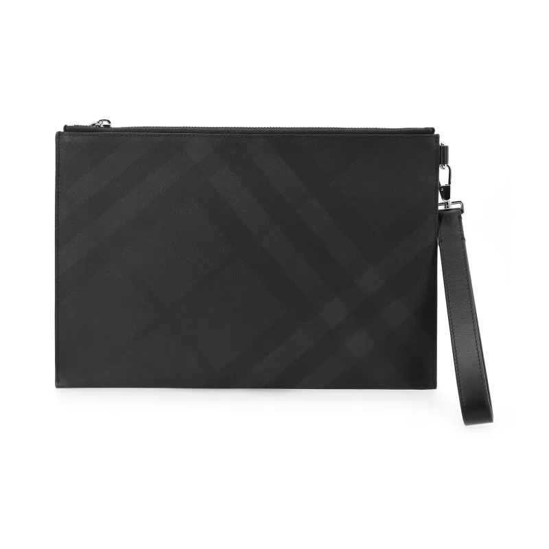 Burberry Cotton With Leather Detail Wrist Bag Clutch Regular Men's Dark Charcoal Gray-6