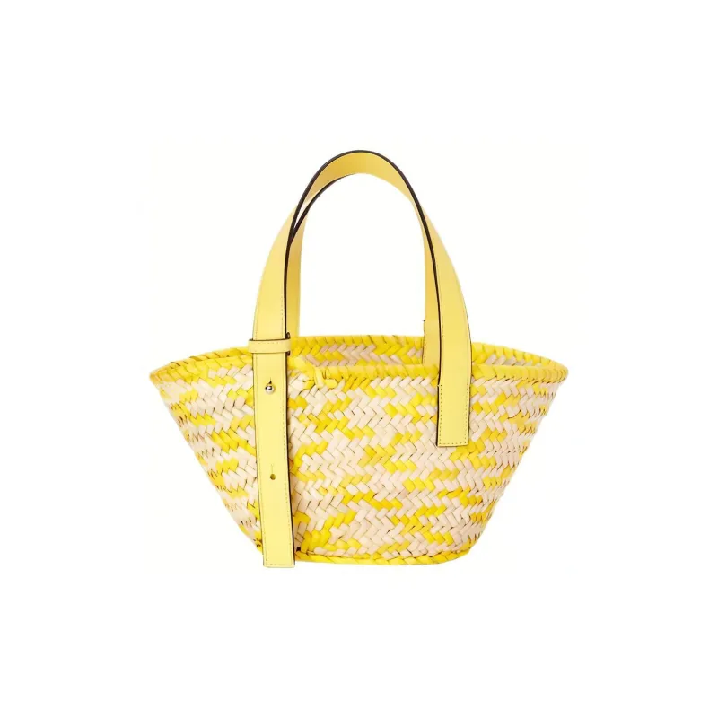 LOEWE Anagram Basket Palm Leaf With Calfskin Tote Bag Shopping Bag Handbag Small Size Women's Lemon/Natural-1