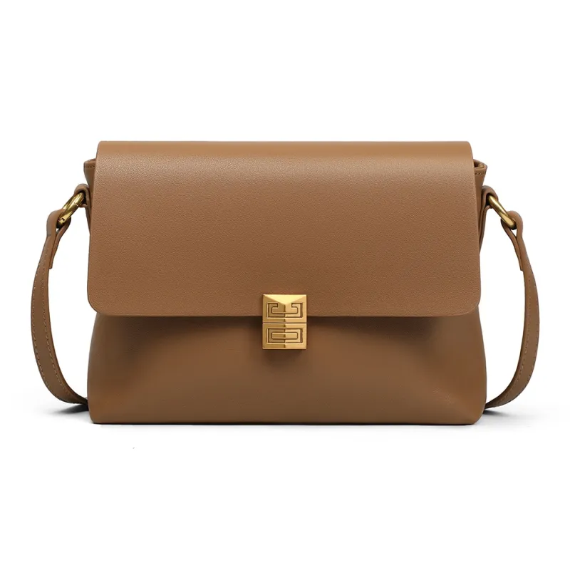 PT'SON Cow Leather Shoulder Bag, Crossbody Bag Medium Size Women's Gold Brown/Beige Coffee/Coffee-7