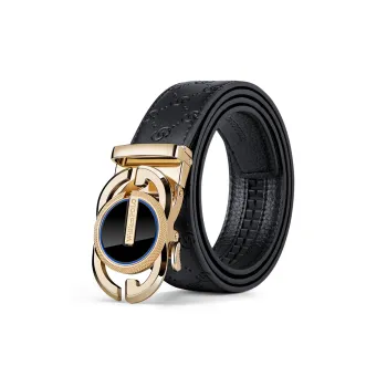 WilliamPOLO Cow Split Leather Leather Belts Men's Gold Tone Lock With Blue Edges Width 3.5cm
