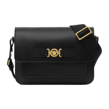 VERSACE MEDUSA BIGGIE Series Goatskin Grain Leather Messenger Bag, Shoulder Bag, Crossbody Bag Men's Black & Gold