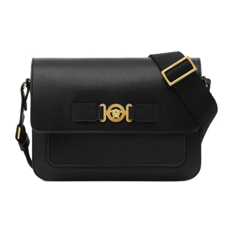 VERSACE MEDUSA BIGGIE Series Goatskin Grain Leather Messenger Bag, Shoulder Bag, Crossbody Bag Men's Black & Gold-0