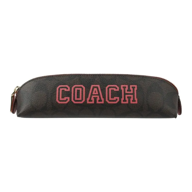 COACH Pencil Case Canvas With Smooth Leather Makeup Brush Bag Makeup Bag Small Size Women's Brown-1