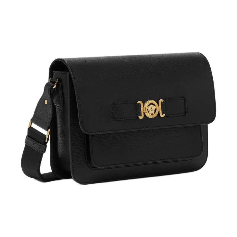 VERSACE MEDUSA BIGGIE Series Goatskin Grain Leather Messenger Bag, Shoulder Bag, Crossbody Bag Men's Black & Gold-1