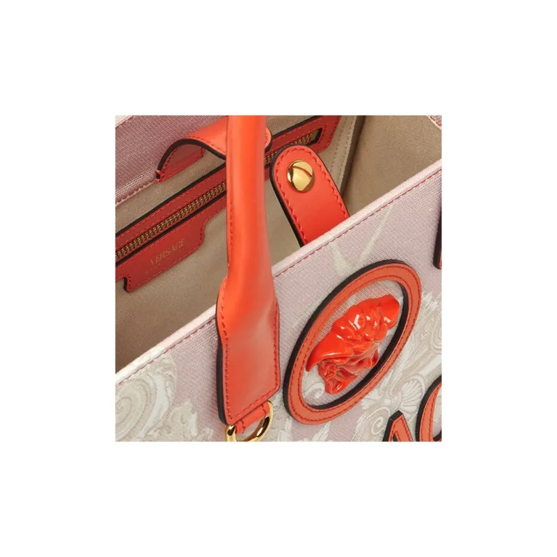 VERSACE La Medusa Canvas Tote Bag Shopping Bag Shoulder Bag Handbag Small Size Women's Coral-3
