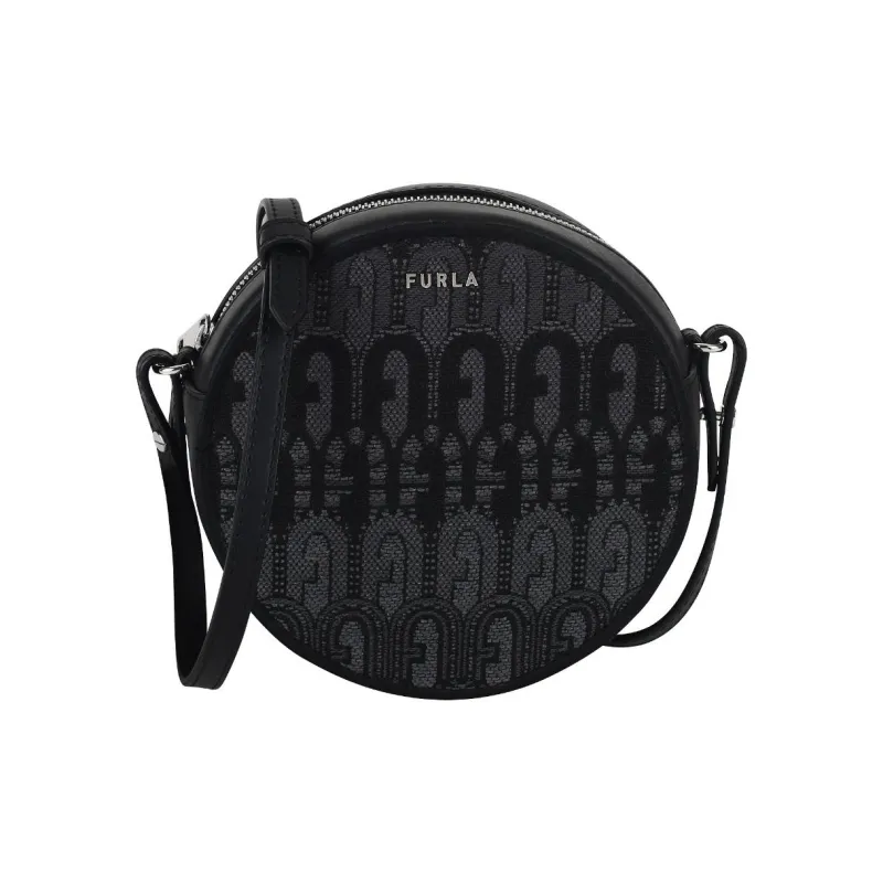 Furla Jacquard Fabric With Genuine Leather Accents Small Round Bag Shoulder Bag Crossbody Bag Small Size Women's Black-0