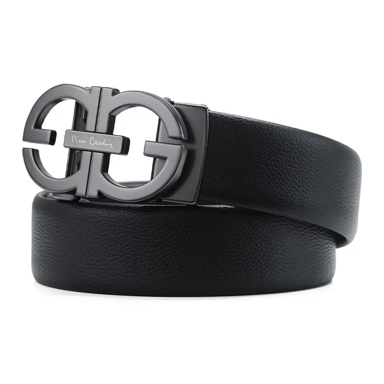 PIERRE CARDIN Fashion Cut Out Versatile Automatic Buckle Top Grain Cow Leather Men's Pant Belt Men's Black 3.6cm-1