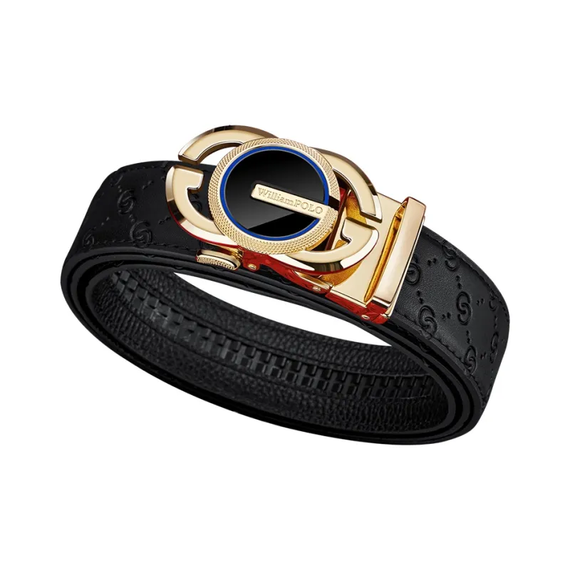 WilliamPOLO Cow Split Leather Leather Belts Men's Gold Tone Lock With Blue Edges Width 3.5cm-1