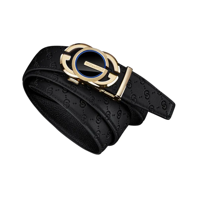WilliamPOLO Cow Split Leather Leather Belts Men's Gold Tone Lock With Blue Edges Width 3.5cm-2