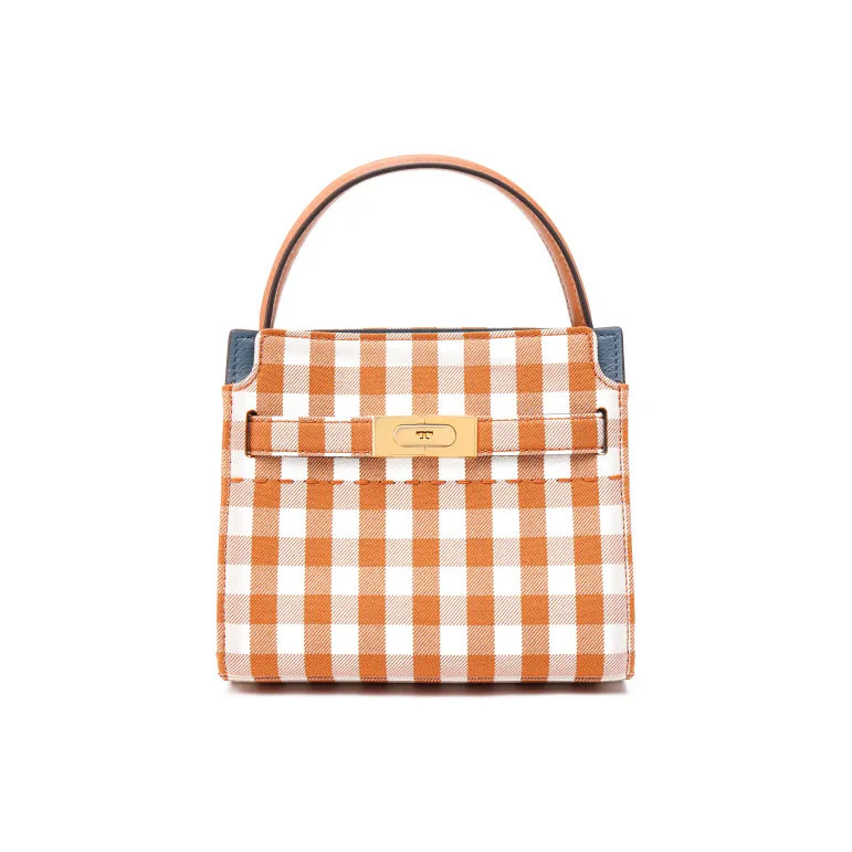 TORY BURCH Lee Radziwill Leather Shoulder Bag, Crossbody Bag, Handbag Trumpets Women's Orange White Plaid-1