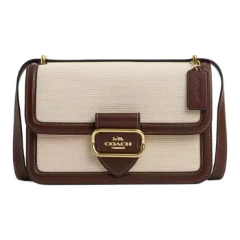 COACH Morgan Canvas With Calfskin Shoulder Bag Crossbody Bag Medium Size Women's Gold & Natural Multicolor