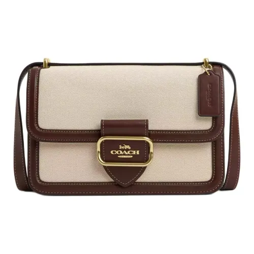 COACH Morgan Canvas With Calfskin Shoulder Bag Crossbody Bag Medium Size Women's Gold & Natural Multicolor