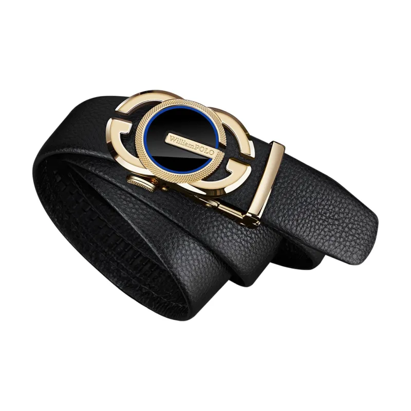 WilliamPOLO Cow Leather Leather Belts Men's Gold Tone Lock With Blue Edges 3.5cm Width-2