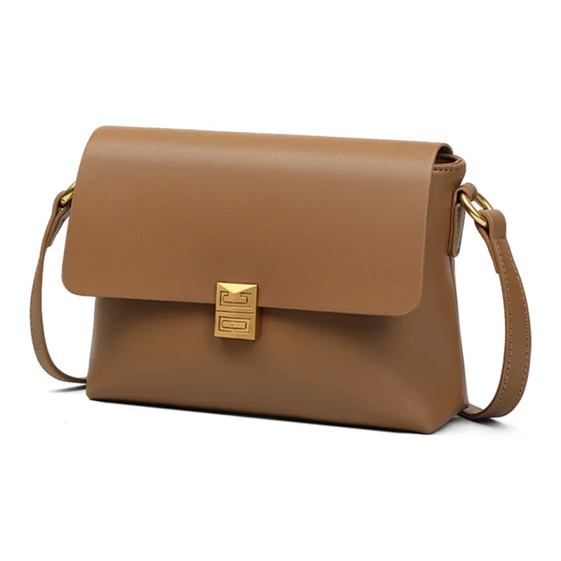 PT'SON Cow Leather Shoulder Bag, Crossbody Bag Medium Size Women's Gold Brown/Beige Coffee/Coffee-9
