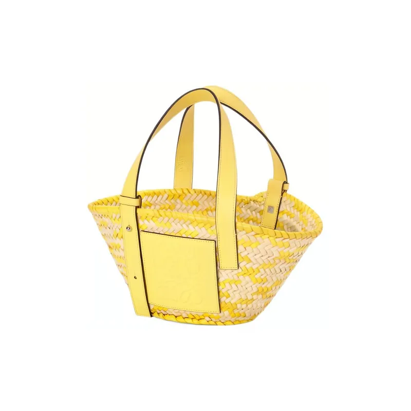 LOEWE Anagram Basket Palm Leaf With Calfskin Tote Bag Shopping Bag Handbag Small Size Women's Lemon/Natural-2