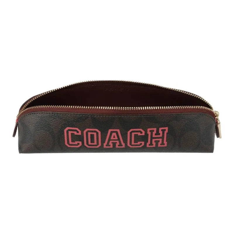 COACH Pencil Case Canvas With Smooth Leather Makeup Brush Bag Makeup Bag Small Size Women's Brown-3