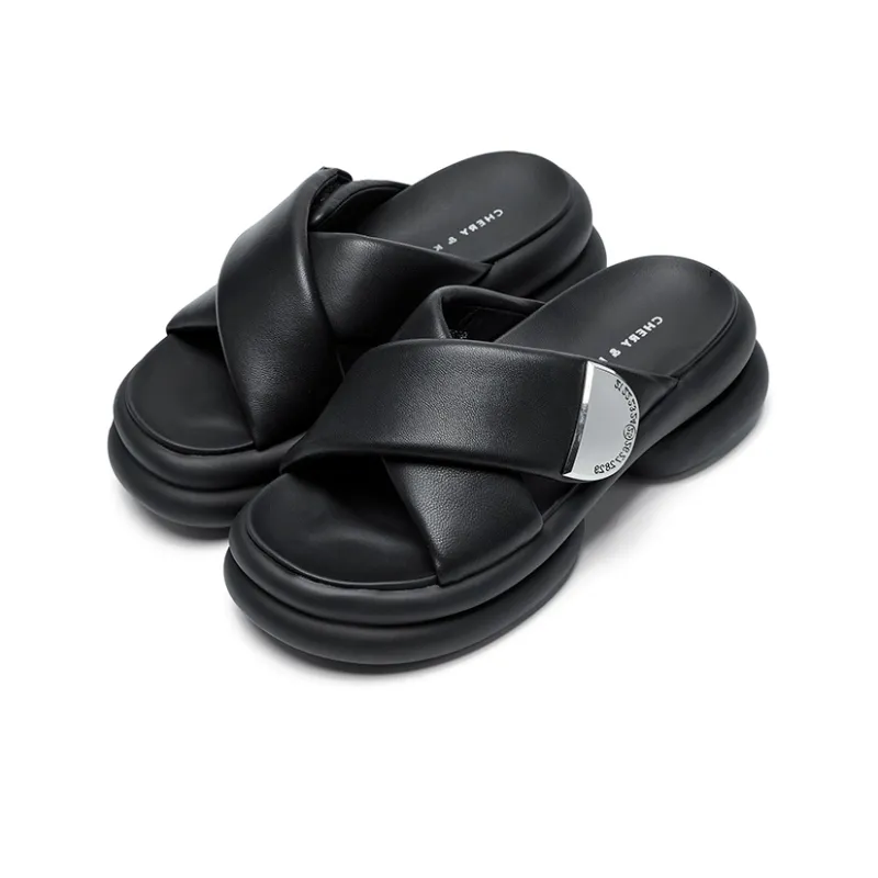 CHERYKALLY Rubber Sole Stitching Metal Quick Dry Antibacterial Slide Slippers Women's-1