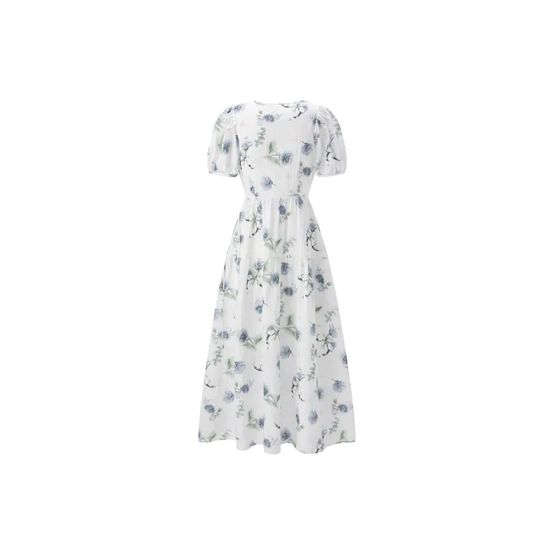 PEACEBIRD Short Sleeved Dresses Women's Blue Pattern-1