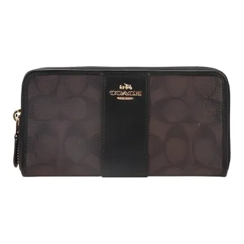 COACH Accordion Zip Leather Paneled Canvas Clutch Wallet Women's Dark Brown Monogram