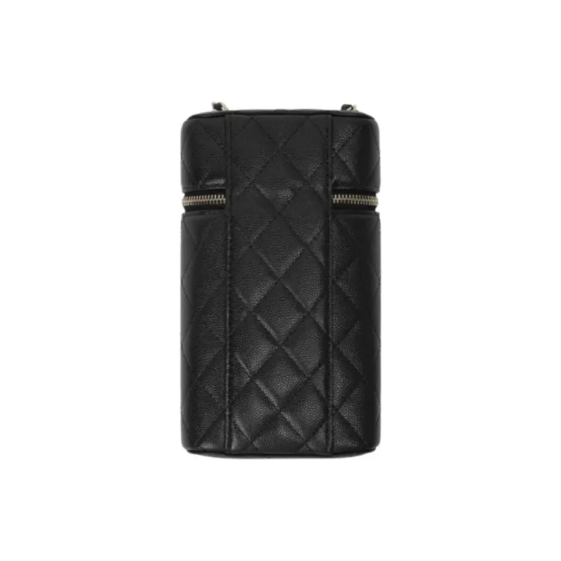 CHANEL Litchi Cow Leather One Shoulder Crossbody Cell Phone Pouch Women's Black-1
