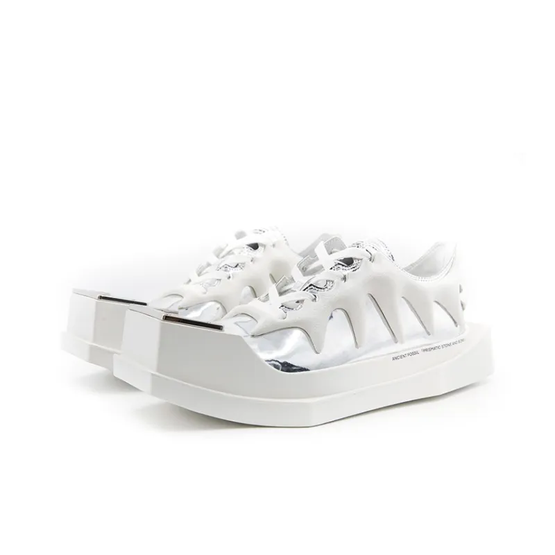 ANCIENT FOSSIL Anti Slip And Wear Resistant Height Increasing Low Top Skateboard Shoes Unisex White Silver-1