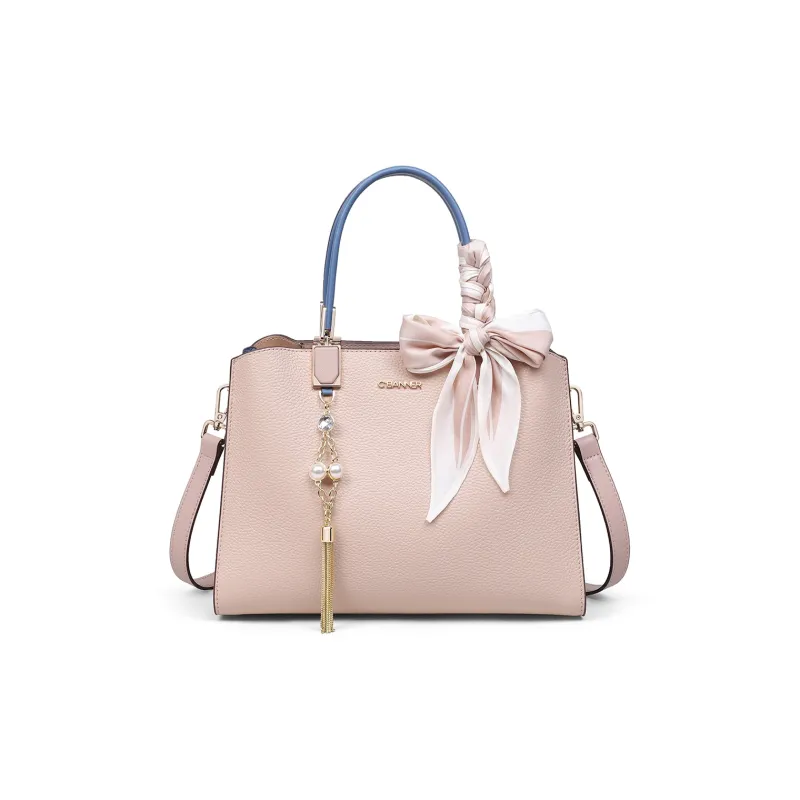 C°BANNER Cow Leather With Synthetic Leather Handbag, Shoulder Bag, Crossbody Bag, Kelly Bag Women's Beige Apricot-3