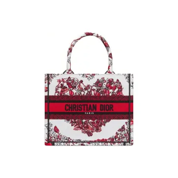 DIOR BookTote Embroidery Tote Bag Shopping Bag Handbag Small Size Women's White & Red