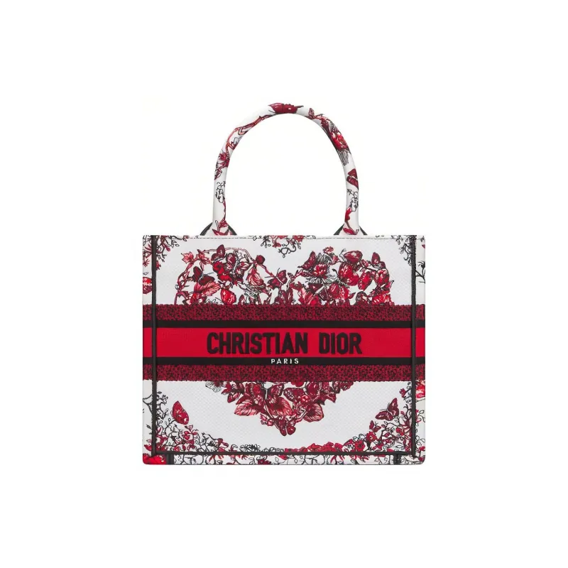 DIOR BookTote Embroidery Tote Bag Shopping Bag Handbag Small Size Women's White & Red-0