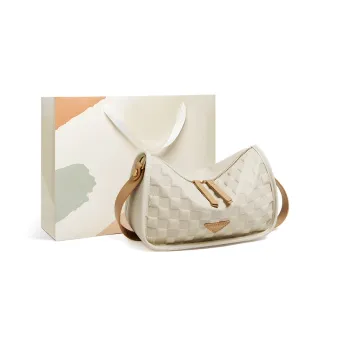 15 MINS Cow Leather Underarm Portable Crossbody Bag, Shoulder Bag Regular Women's Ecru & Apricot/Midnight Black