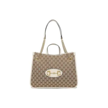 GUCCI Canvas With Leather Canvas Bag Tote Bag Shopping Bag Chain Handbag Shoulder Bag Women's Ebony & White
