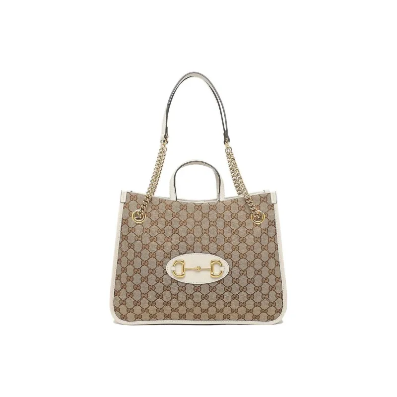 GUCCI Canvas With Leather Canvas Bag Tote Bag Shopping Bag Chain Handbag Shoulder Bag Women's Ebony & White-0