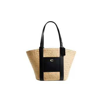 COACH Straw With Calfskin Tote Bag, Shopping Bag, Handbag, Shoulder Bag Small Size Women's Natural