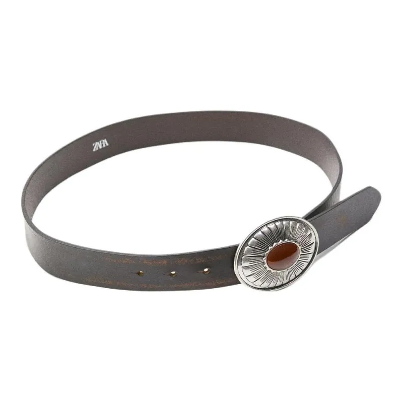 ZARA 3D Effect Pattern Styling Leather Belts Women's Umber --1