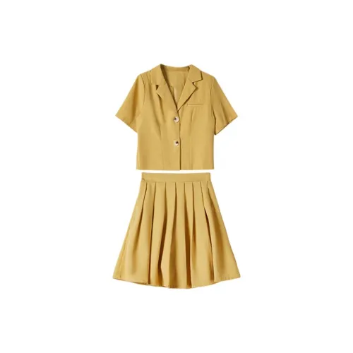 Emodues Two Piece Skirt Sets Women's Yellow