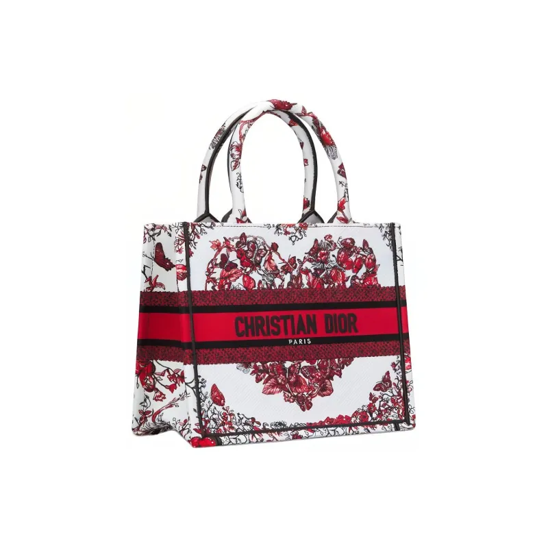DIOR BookTote Embroidery Tote Bag Shopping Bag Handbag Small Size Women's White & Red-1
