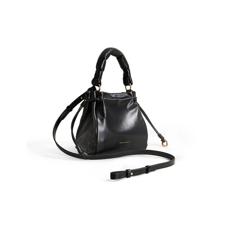 TOMATO&POTATO Cow Leather Shoulder Bag, Crossbody Bag, Handbag Medium Size Women's Black-0