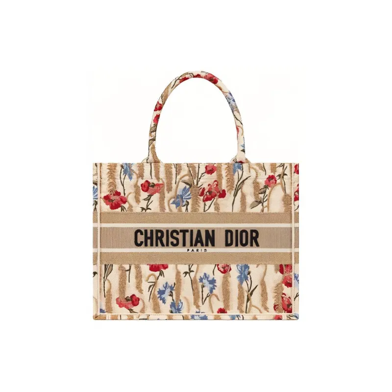 DIOR BookTote Embroidery Canvas Canvas Bag Tote Bag Shopping Bag Handbag Small Size Women's Beige/Multicolor-0