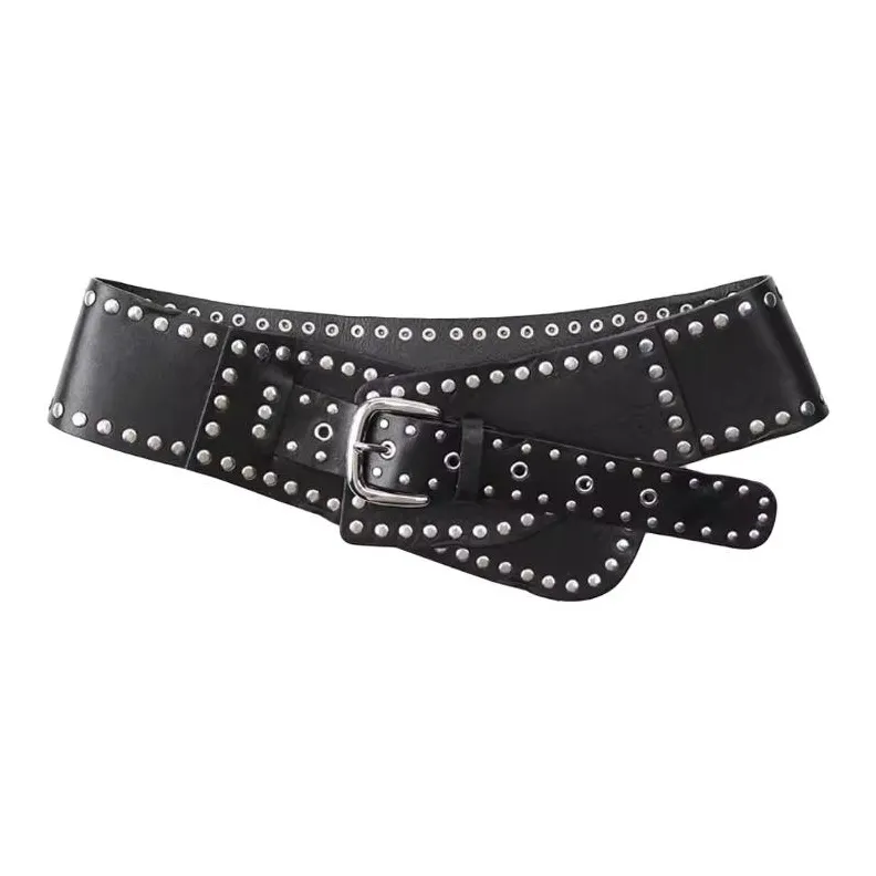 ZARA Stud Design Cow Leather Leather Belts Women's Black Width: 8CM-0