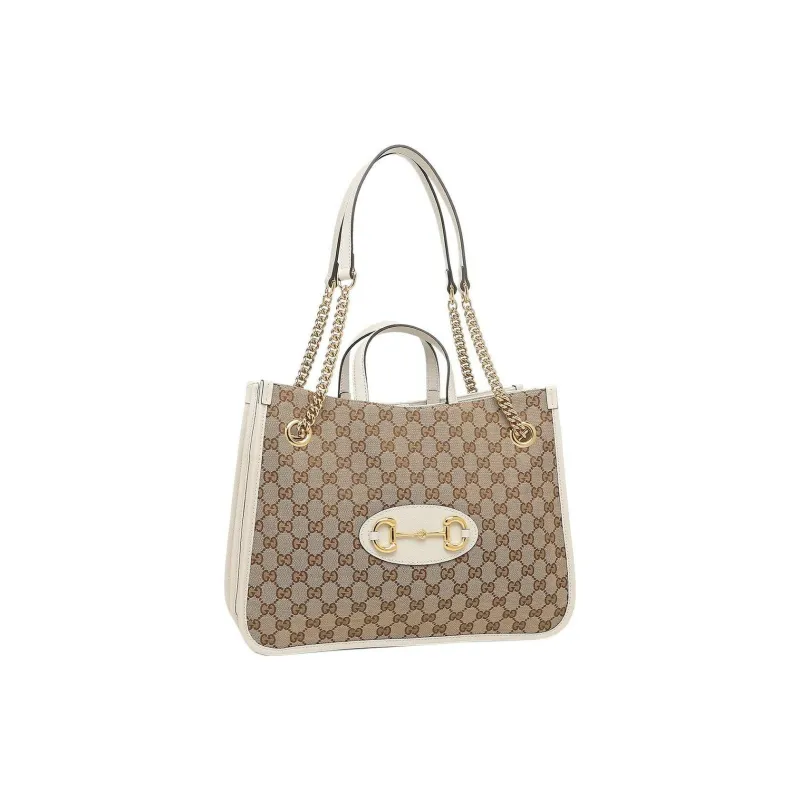 GUCCI Canvas With Leather Canvas Bag Tote Bag Shopping Bag Chain Handbag Shoulder Bag Women's Ebony & White-1