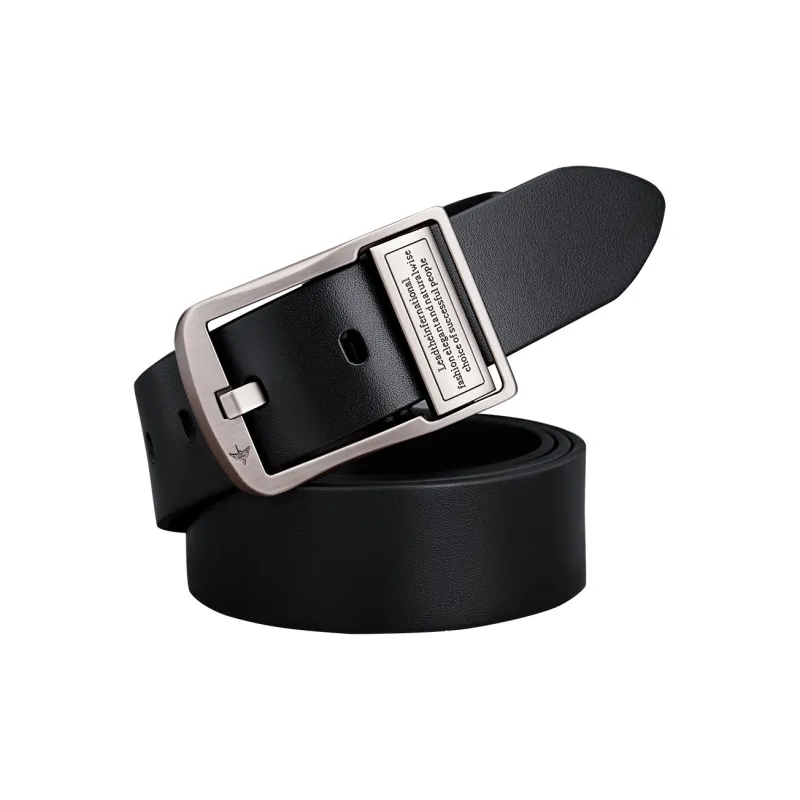 WilliamPOLO Cow Leather Leather Belts Men's Silver Buckle Black Strap 3.8cm Width-3