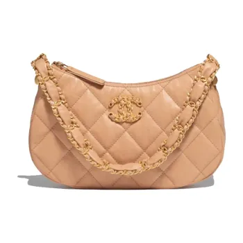 CHANEL Cow Leather Shoulder Bag Hobo Bag Handbag Shoulder Bag Large Size Women's Beige