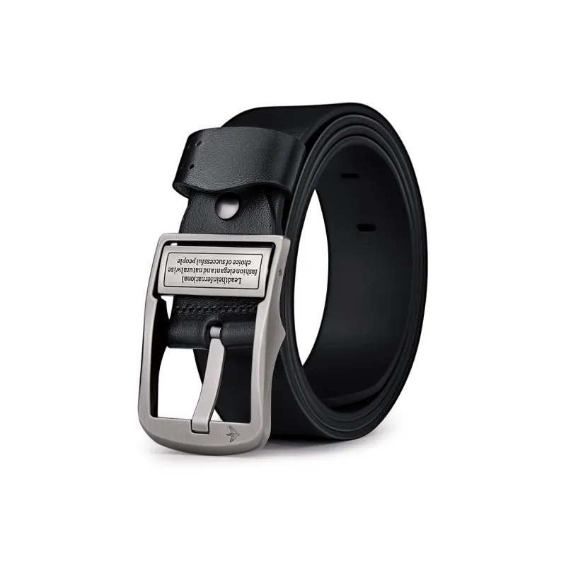 WilliamPOLO Cow Leather Leather Belts Men's Silver Buckle Black Strap 3.8cm Width-0