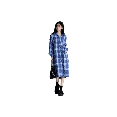 You cow me pants Long-Sleeved Dresses Women's Bellflower Grass Blue Plaid