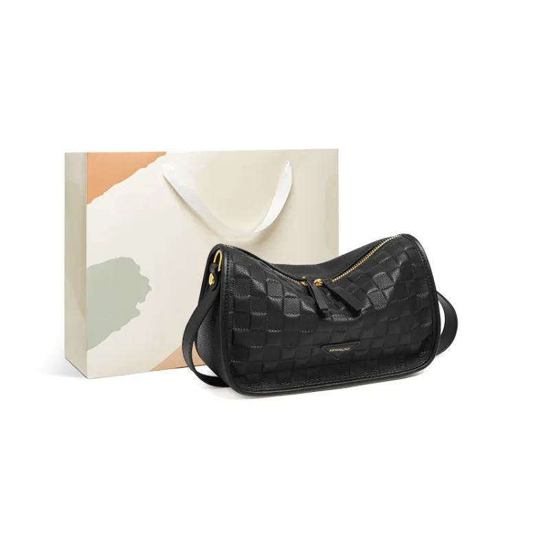 15 MINS Cow Leather Underarm Portable Crossbody Bag, Shoulder Bag Regular Women's Ecru & Apricot/Midnight Black-5