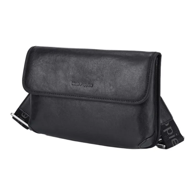 Hush Puppies Cow Leather Crossbody Bag, Shoulder Bag Medium Size Men's Black-1