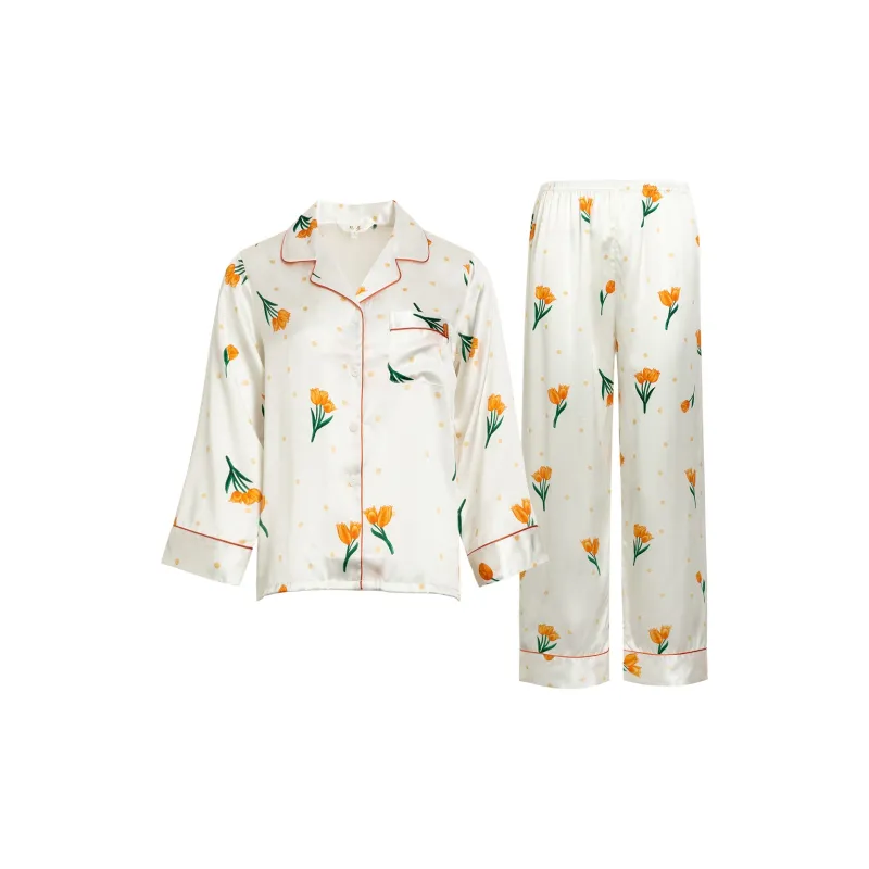 Silk Boundary Pajama Set Women's White Orange-0